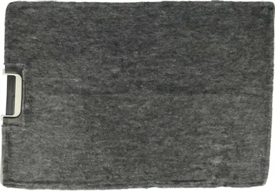 A gray charcoal filter for a range hood is shown laid flat.