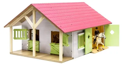 Produktbild von Farming Reiterhof Bauernhof Pferdestall Holz 1 24 mit 2 Spielzeug Pferdehof mit praktischem Faltdach für alle gängigen Tierfiguren 2 Boxen vorne Rosa