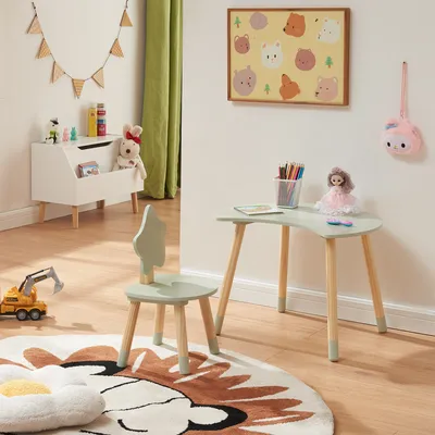 Produktbild von Kinderschreibtisch mit Stuhl 'Lallega' in Mond- und Stern-Design Kiefernholz + MDF Mintgrün