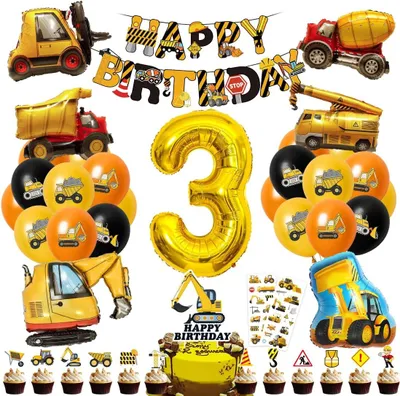 Imagen del producto de Decoración para fiestas de cumpleaños, para niños, 3 años, con temática de construcción, que incluye globos y pancarta, ideal para fiestas infantiles