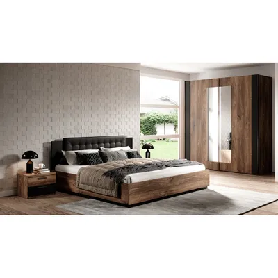 Produktbild von Bett mit Lattenrost, Liegefläche 180 x 200 cm und Kleiderschrank SOLMS-83 in Flagstaf Eiche dunkel Nb. und kupferrot, kombiniert mit schwarz