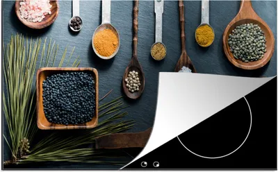 Produktbild von KitchenYeah© Herdabdeckplatte Kräuter - Löffel - Gewürze - Küche , 91x52cm, Küche Deko, Glaskeramikkochfeld Herdabdeckung, Abdeckplatte fùr Kochfeld