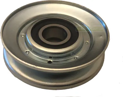 A pulley wheel with a bearing in the center, isolated on a white background.