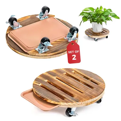 Produktbild von Bamworld Pflanzenroller 2er Set mit Tablett, 30.4 cm, mit Rollen, robust für schwere Pflanzen, Indoor & Outdoor, Urfarbe