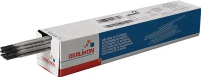 A box of Oerlikon welding electrodes is shown with some electrodes protruding from the open end.