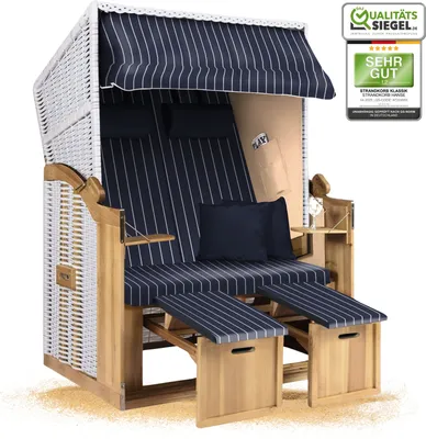 Produktbild von Strandkorb Ostsee 2-Sitzer 120cm breit in Weiß Blau Nadelstreifen montiert, ideal für Balkon, Terrasse oder Garten