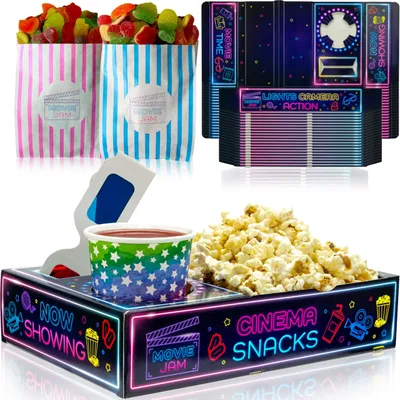 Productafbeelding van Snackset voor filmavond, bestaande uit 40 onderdelen, inclusief popcornbakjes