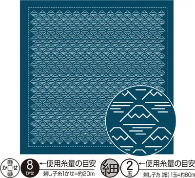 Zdjęcie produktu dla Olympus Hitomezashi Sashiko Sampler (tylko tkanina) "Hana Fukin (Navy) Mt. Fuji", tkanina drukowana, 33x33cm, oryginał z Japonii