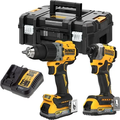 A DeWALT cordless drill and impact driver set with a charger and storage case.