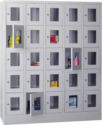 Produktbild von Schließfachschrank - Sichtfenstertüren - 25 Fächer a 300 mm - 1.850x1.500x500 mm (HxBxT) - Sockel - Drehriegel - lichtblau/tiefschwarz