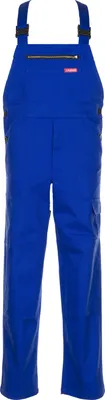 A blue pair of cargo overalls is shown against a white background.