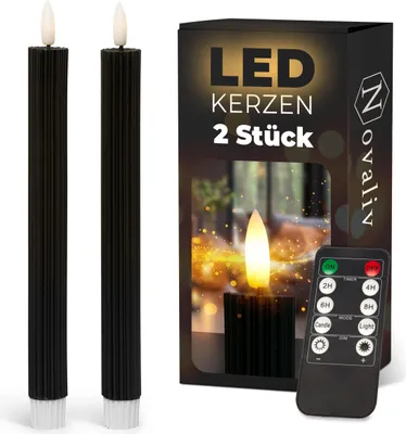 Produktbild von Stabkerzen LED mit Timer SCHWARZ 2er indoor mit Timer Funktion 6 Stunden ECHTWACHS gerippt 23cm Höhe für Kerzen 2,2cm Durchmesser 2 AAA Batterien notwendig LED Stabkerzen flackernde Flamme bewegliche