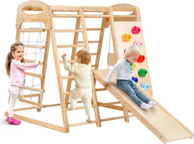 Obrázek produktu pro Prolézačka pro děti a batolata - vnitřní hřiště 7 v 1 - dřevo - 120 x 109 x 121 cm - skluzavka - houpačka - lezecká stěna - dřevěný a provazový žebřík se sítí na lezení