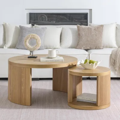 Immagine prodotto di Set di tavolini da caffè rotondi, 2 pezzi, diametro 80/46 cm, aspetto legno naturale