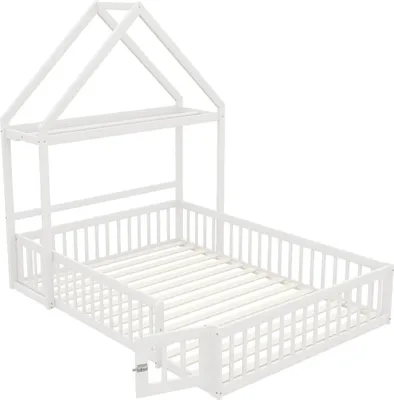Produktbild von Kinderbett(Weiss,140 x 200)Kinderbettgestell aus Massivholz mit Stauraum, Vollschutzgitter und Türen und Lattenrost