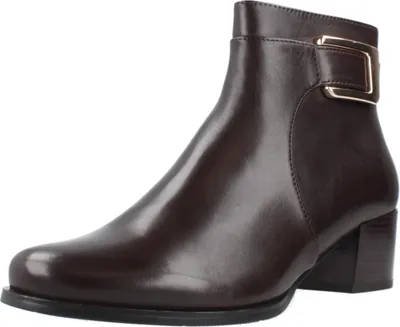 A single brown leather boot with a gold buckle detail is shown against a white background.