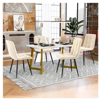 Produktbild von Esstisch mit 4 Stühlen, 68x117x75cm, Essgruppen, Küchentisch mit gepolsterten Stühlen, modernes Esszimmermöbel Set (Samt, Weiß + Gold)