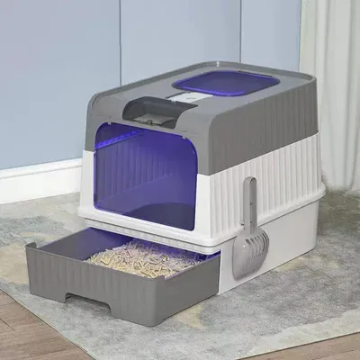 Immagine prodotto di Lettaia per gatti - Lettiera con coperchio - Sterilizzazione UV - Controllo degli odori - Cassetto - Facile da pulire - Grande - 48x35x36 cm - Grigio