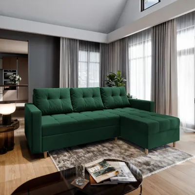 Produktbild von Masseno Ecksofa MILO L mit Schlaffunktion L-Form, Sofa mit Bettkasten, Wohnzimmersofa, Couch, Soffa, Bettsofa, Couchgarnitur- Grün, KRONOS 19