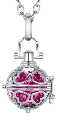 Image de Collier pour femme Morella® en acier inoxydable, 70 cm, avec pendentif en forme de cœur et boule sonore en zircone rose de 16 mm de diamètre, présenté dans une pochette à bijoux