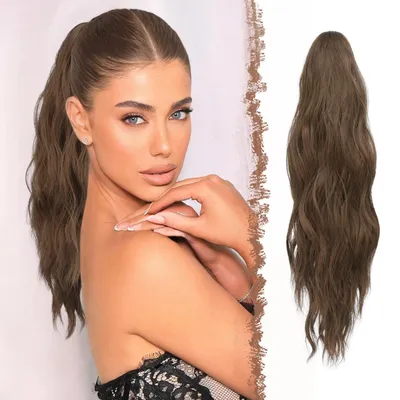 Image de Postiche de queue de cheval ondulée avec clip, 50 cm, couleur blond foncé, fibre synthétique, extension de cheveux pour femmes