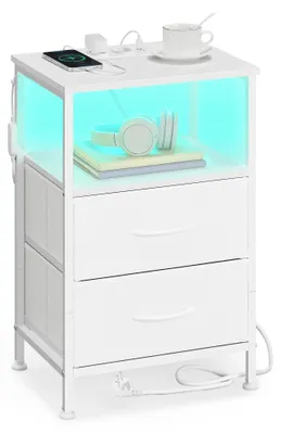 Produktbild von Nachttisch - Nachtkommode - LED-Beleuchtung - Ladestation - 2 Schubladen - Offenes Fach - Metallgestell - Höhe 60,4 cm - Weiß