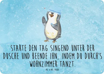 Produktbild von Mr. & Mrs. Panda Schild Pinguin Duschen DIN A5 - Eisblau - Geschenk, Pinguine, Blechschild, tafel, Dusche, Duschkonzert, Retro, Tanzen, Singen, Türschild, glücklich sein