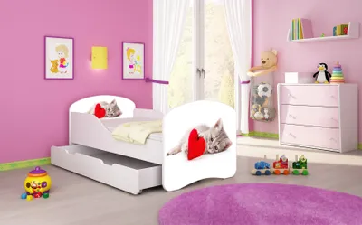 Image de ACMA I Lit d'adolescent Lit d'enfant Lit junior Set complet avec matelas Sommier blanc 40 chat avec cœur 180x80 + coffre de lit