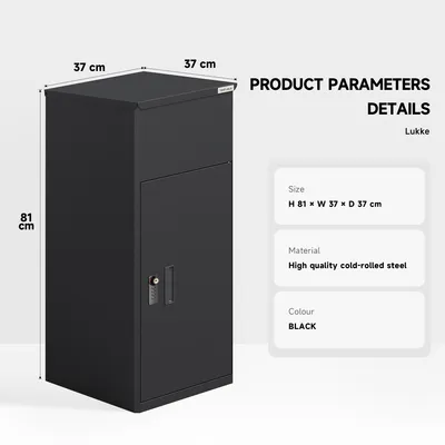 A black parcel box with product dimensions and specifications displayed next to it.