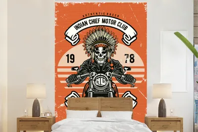 Obrázok produktu pre MuchoWow® Fototapety pre obývaciu izbu alebo spálňu tapety vinylové motív tapety Lebka - Indian - Motocykel - Vintage 180x280cm