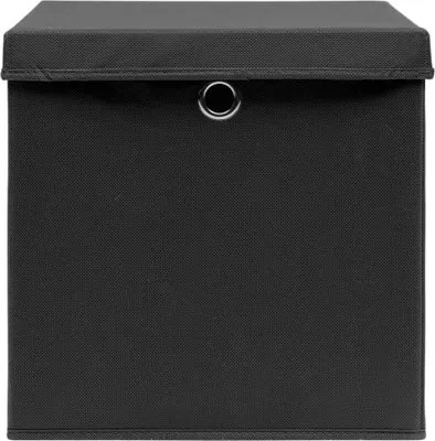 A black storage box with a lid and a metal grommet on the lid.