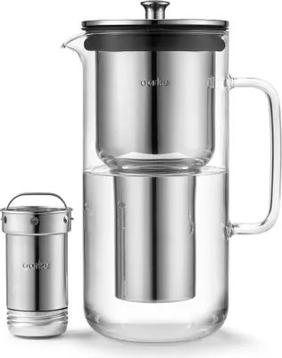 A glass pitcher with a metal filter insert and a separate metal filter component.