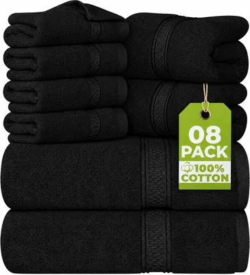 Immagine prodotto di Set di asciugamani composto da 8 pezzi, realizzato in 100% cotone: 2 asciugamani da bagno, 2 asciugamani e 4 spugnette. Morbido, assorbente e resistente, ideale per il bagno, la spa e l'uso quotidiano a casa