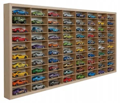 Modellauto-Regal für 80 Autos 1:64 – Wandregal & Setzkasten für Spielzeugautos, HDF-Trennwände – mit Modellautos an der Wand