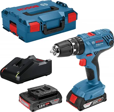A Bosch cordless hammer drill set including the drill, two batteries, a charger, and a blue storage case, laid out on a white background.
