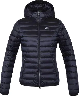 A navy blue padded jacket with a hood is shown against a white background.