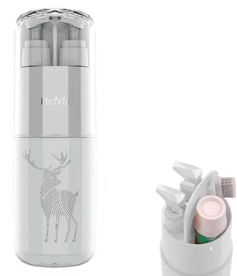 Immagine prodotto di Borsa da viaggio multifunzione 5-in-1 con 2 dispenser per lozione, pettine, specchio, bicchiere per l'igiene orale, colore grigio, dimensioni 6,8 x 21 cm