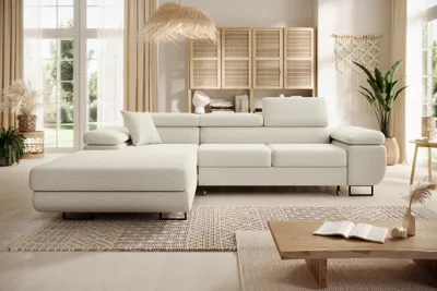Produktbild von Easy4You Ecksofa NORBERG Boucle L-Form Creme – 279x72x205 cm - Schlafsofa mit Bettkasten und Schlaffunktion - Eckcouch mit Stauraum – Links – Stoff Lambi 01