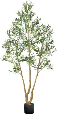A full-shot of an artificial olive tree in a black pot.