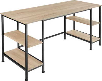 A computer desk with shelves against a white background.