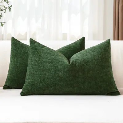Immagine prodotto di Set di 2 federe per cuscini in chenille, 30x50 cm, colore verde, morbide, ideali come cuscini decorativi per divano