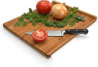 Image de Planche à découper en bambou - 2,5 x 38 x 45 cm - Planche de cuisine avec double bord de support - Facile à mesurer - Naturelle