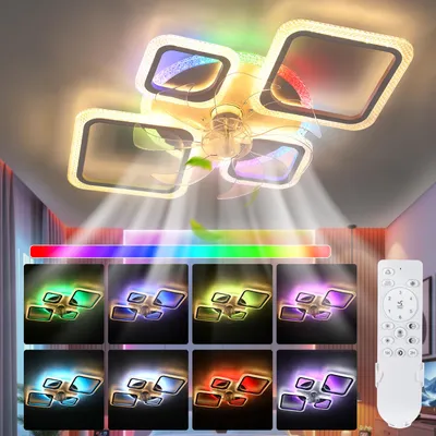 Produktbild von 80W LED Deckenleuchte mit Ventilator, Leise Deckenventilator mit Beleuchtung, Dimmbar mit Fernbedienung , Timer, Quadrat Design, für Wohnzimmer