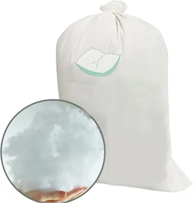 A large white bag of polyester fiberfill is shown, with a close-up inset of the material being held in a hand.
