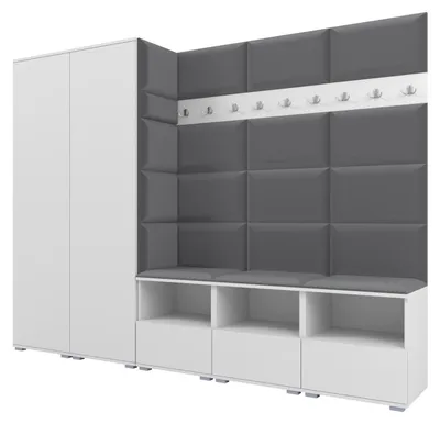 Produktbild von Garderobe NELA VII 250 cm Modulare Flurmöbel XL Weiß mit Sitzpolster Dunkelgrau 15 (2 Schränke)