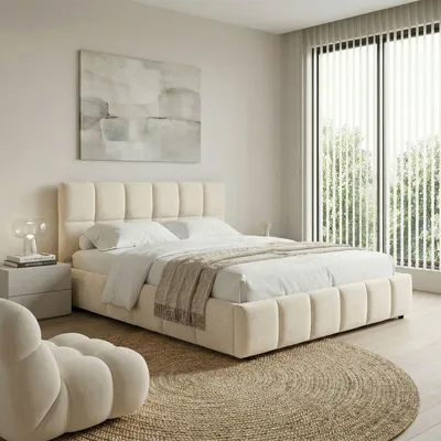 Produktbild von Polsterbett EMILIA 180x200 cm, Cremeweiß - Bett mit Lattenrost, Bettgestell mit gepolstertem Kopfteil, Stoffbett mit moderner Steppung, Modernes Design und stabile Konstruktion
