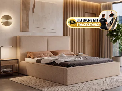 Produktbild von Polsterbett MADERO 180x200 cm mit Bettkasten, Stauraum und Metall-Lattenrost – Bouclé Stoff Beige