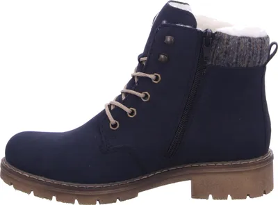 Side view of a single blue boot against a white background.