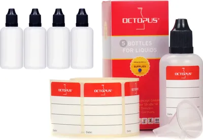 Obrázok produktu pre 5 plastových fliaš 50 ml LDPE, G14, kvapkadlo, čierny viečko, 1 mini lievik