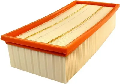 A rectangular air filter with an orange frame and beige pleated filter material.